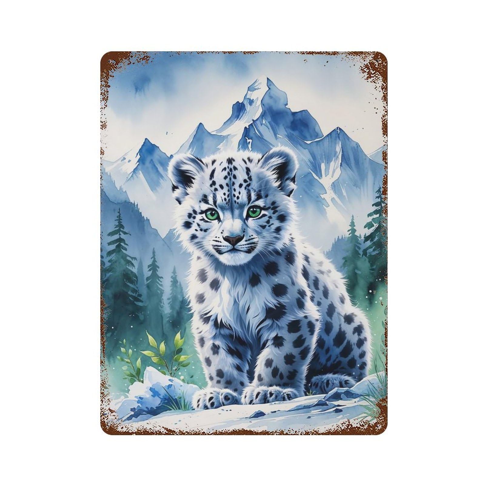 Vintage Rust Metal Sign Cute Snow Leopard Cub in Mountains Watercolor 15.7"x11.8", Shabby Chic Decor for Cafe, Home Bar And Lounge Decor