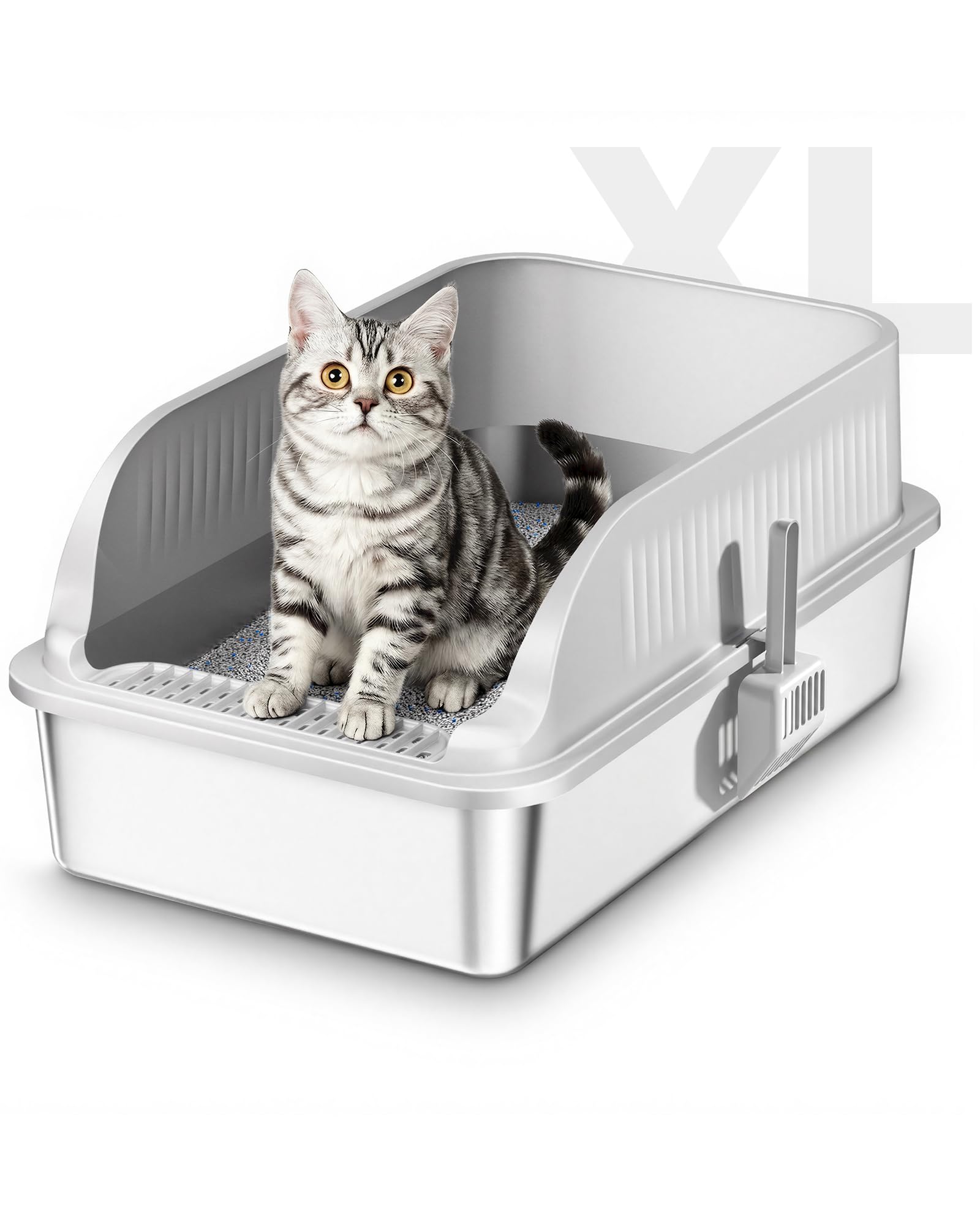 Katzenklo Edelstahl, Katzentoilette Groß XXL mit Schaufel, Katzenklo mit Abnehmbares Hoher Rand, Halbgeschlossene Katzentoilette Metall für Katzen, Geruchsfrei, Leicht zu Reinigen, Hellgrau