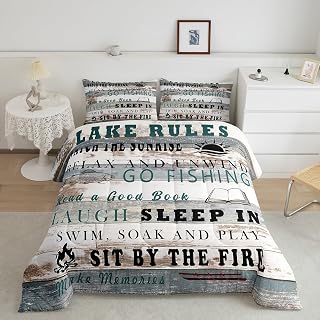Lake Life Rv Comforter Set For Bedroom, Rustic Camper Bedding Set Nautical Cabin Camp Bedding Comforter Sets For Kids Teens Adult Men, Wooden Old Barn Duvet Insert Lake House Decor For The Home,Twin