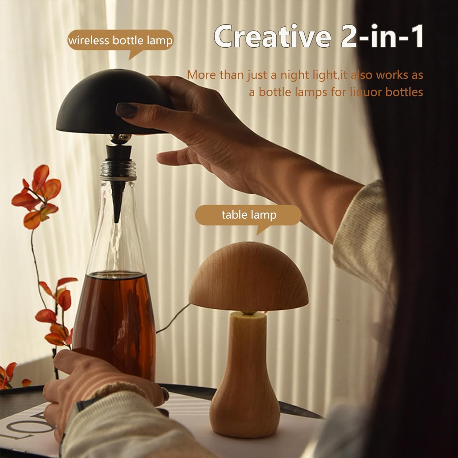 Mushroom Lantern Decorative Indoor,Rechargeable Fairy Light,Wireless Bottle Lamp，Battery Powered Light for Home,Dining Tables,Bedroom,Bars Decor