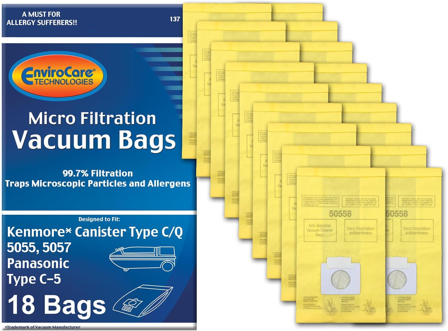 Envirocare Premium Replacement Multi-layer Micro Filtration Vacuum Bags Compatible with Kenmore Canister Vacuums Type C/Q. 5055, 50557 and 50558 Panasonic Type C-5,18 pack