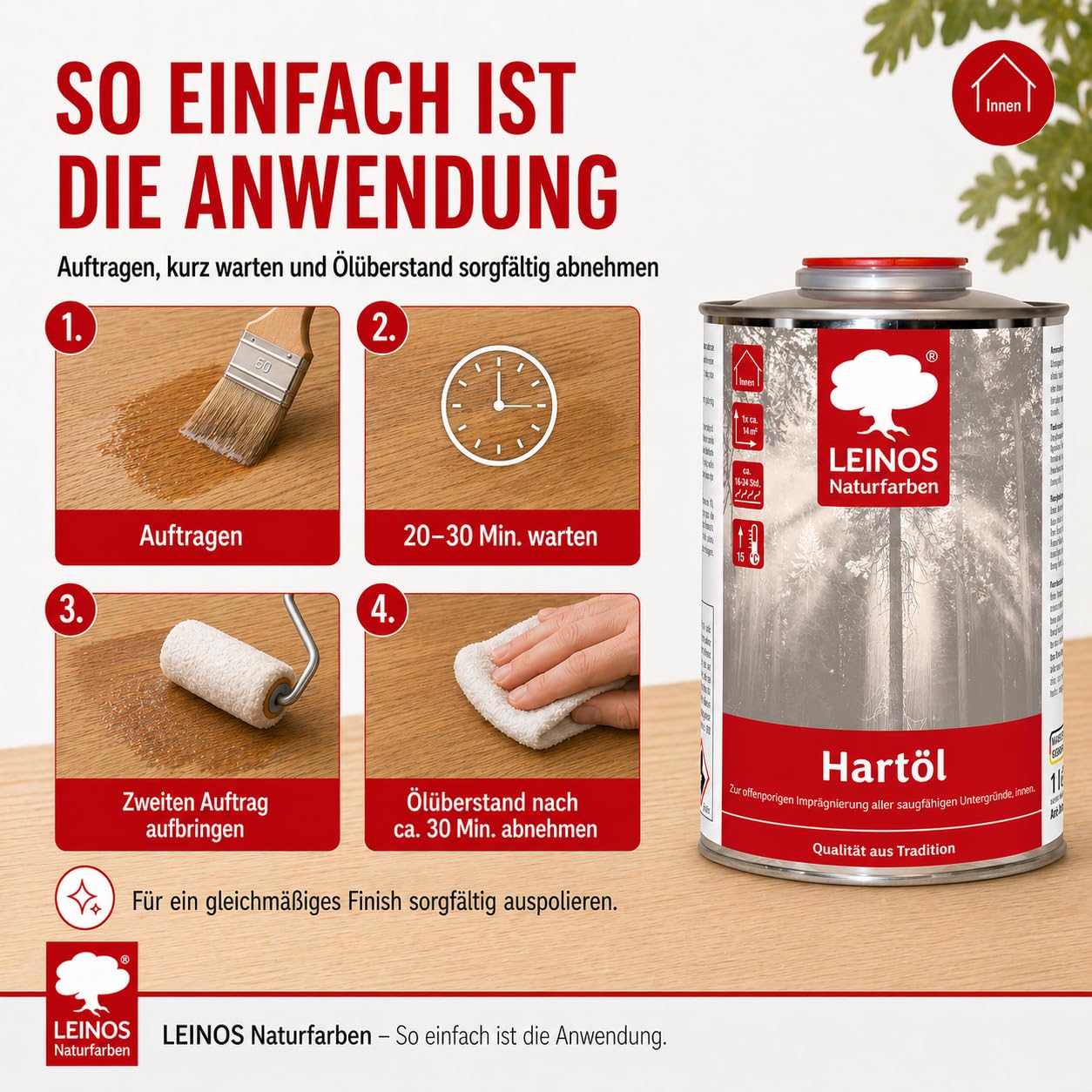 LEINOS Aceite para madera 1 l | Aceite duro incoloro para mesas, muebles, encimeras | Aceite para muebles de roble teca para un sellado eficaz y una protección duradera en interiores