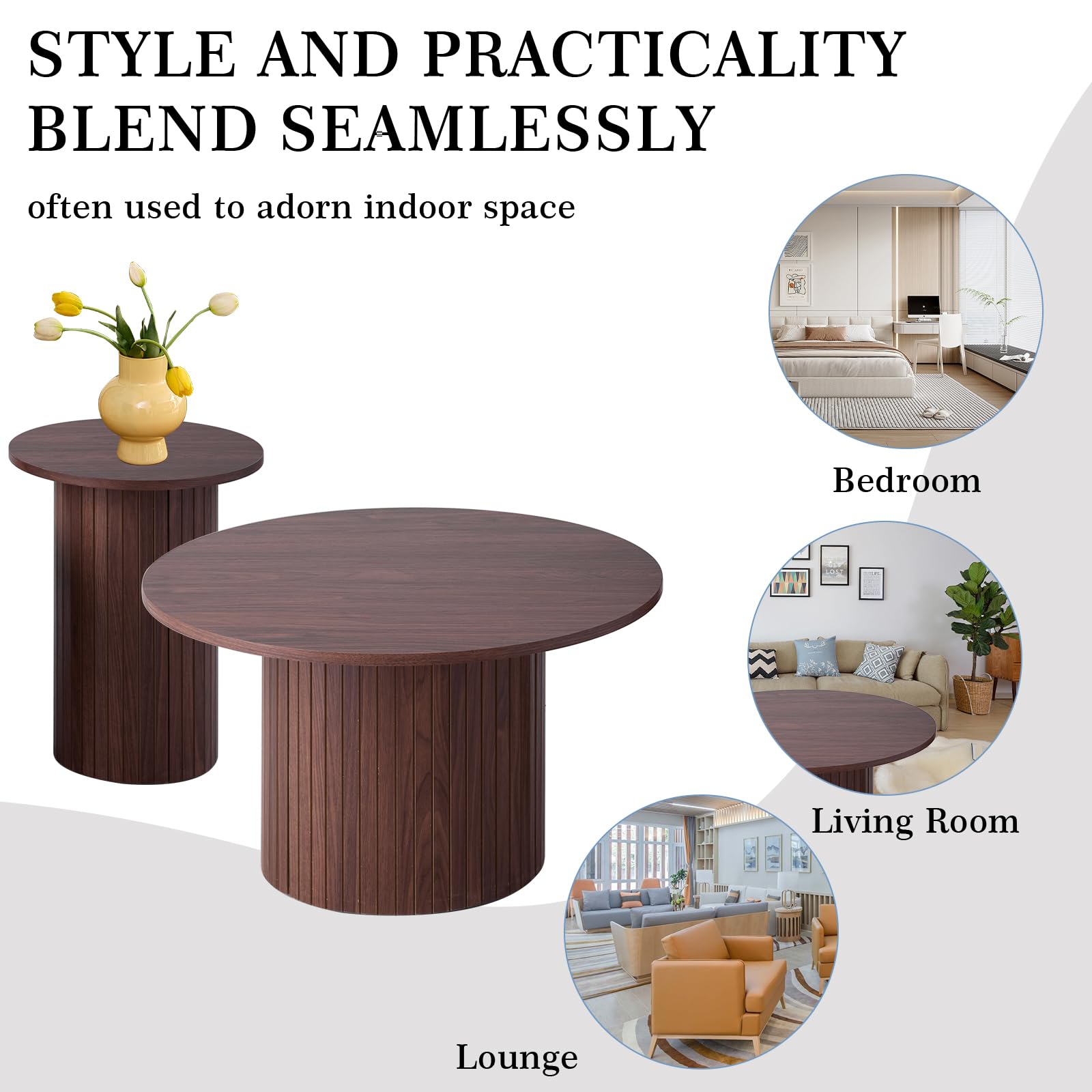 Set di 2 Tavolini da Caffè Rotondi Impilabili con Base Cilindrica; Tavolino Moderno con Piano in MDF e Base a Doghe in Legno (Noce/Vinatura legno)