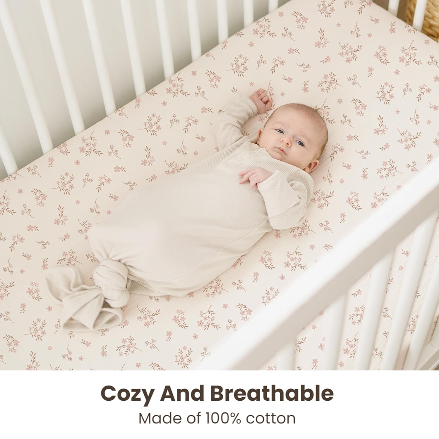 Konssy Muslin Crib Sheets for Boys, Soft Cotton Neutral Baby Sheets for Standard Crib Mattress 2 Pack, 52"x28" (Soft Blooms,Taupe) - Image 5