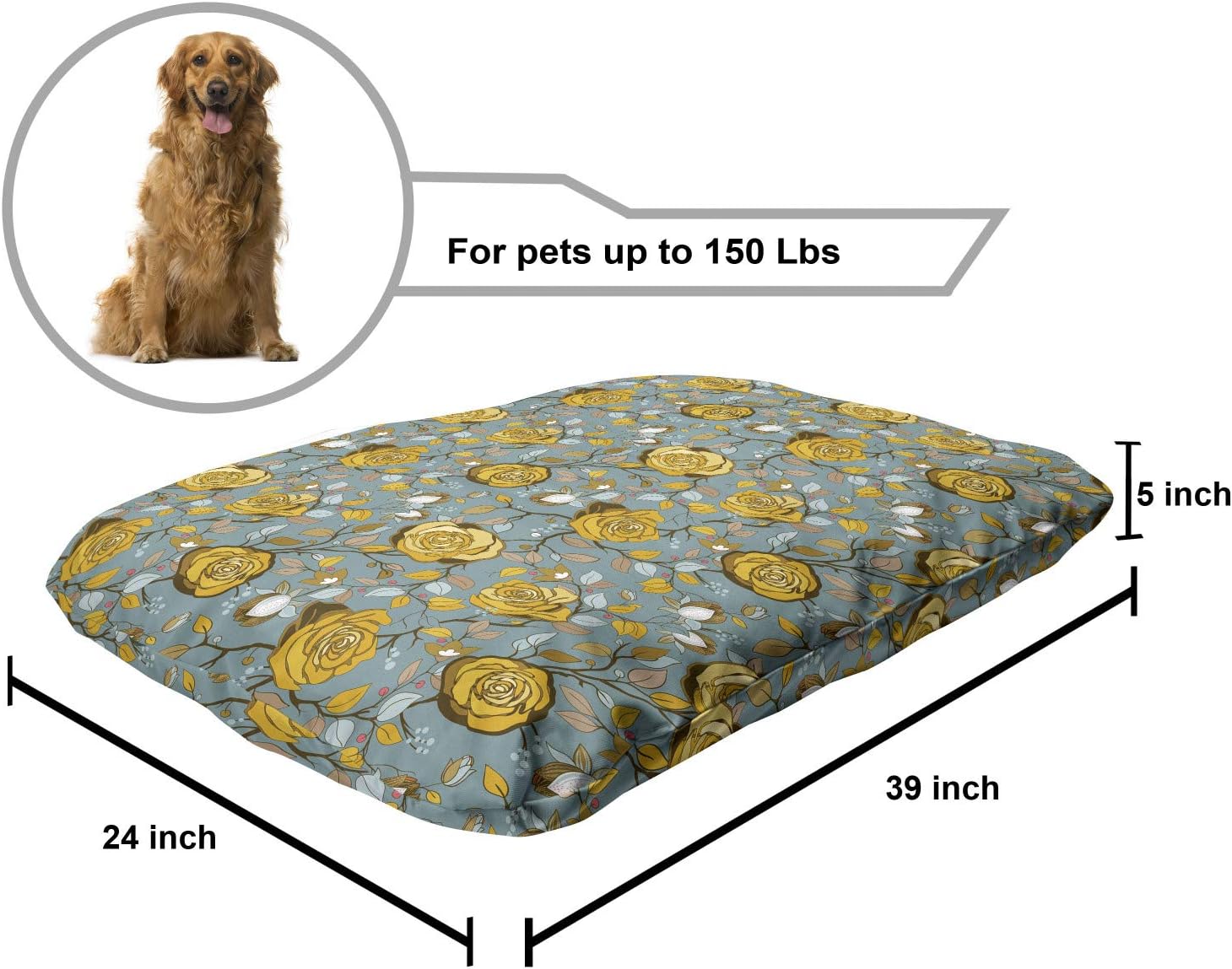 review Lunarable Floral Pet Bed, Rose Bloom Branches with Iris Petals Autumn Earth Tones Spring, Chew Resistant Pad for Dogs and Cats Cushion with Removable Cover, 24