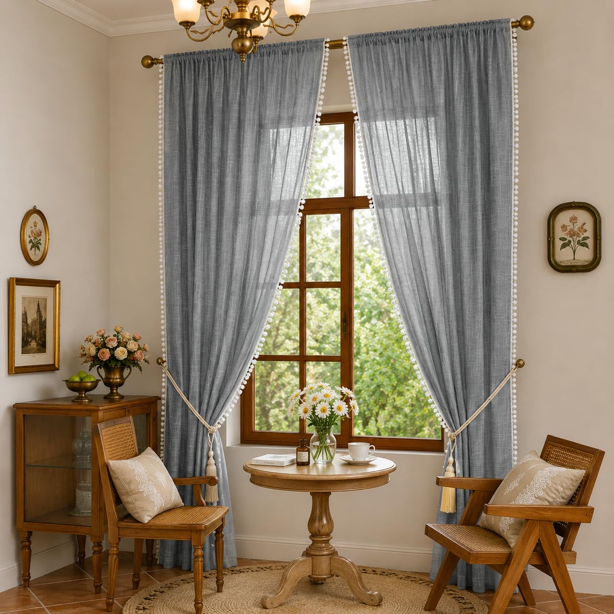 THE LINEN COMPANY Net Curtains Cotton Curtains with Pom Pom Lace Rod Pocket Sheer Curtains Light Filtering Curtains for Window Curtains Door Curtains Light Grey 6.5 Ft Pack of 2