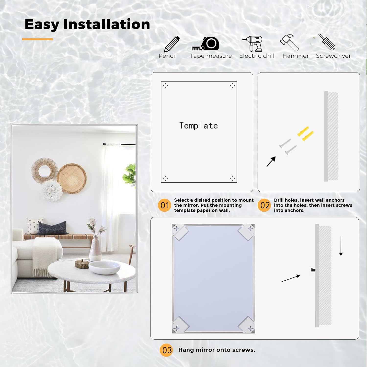 24x30 Inch Nickel Bathroom Mirror for Wall, Aluminum Frame Rectangle Rectangular Vanity Mirror, Modern Large for Bedroom, Living Room, Horizontal or Vertical image 5