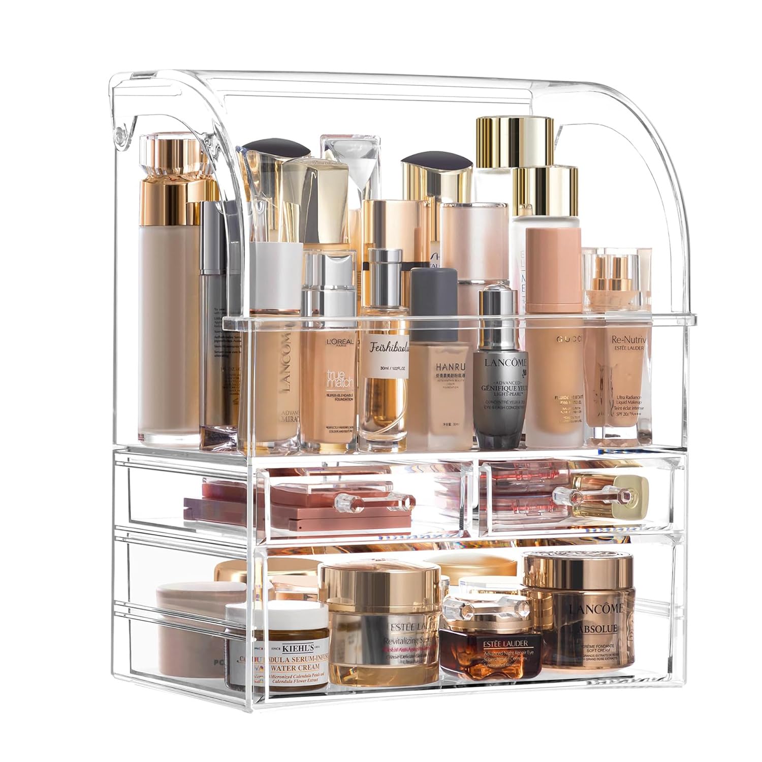 SIOOUI Cosmetic Storage Organizer, X-Large Acrylic Makeup Organizer with Lid Dust Waterproof, Skin Care Cosmetic Display Case with 3 Drawers for Bedroom Vanity Desk, Bathroom, Counter