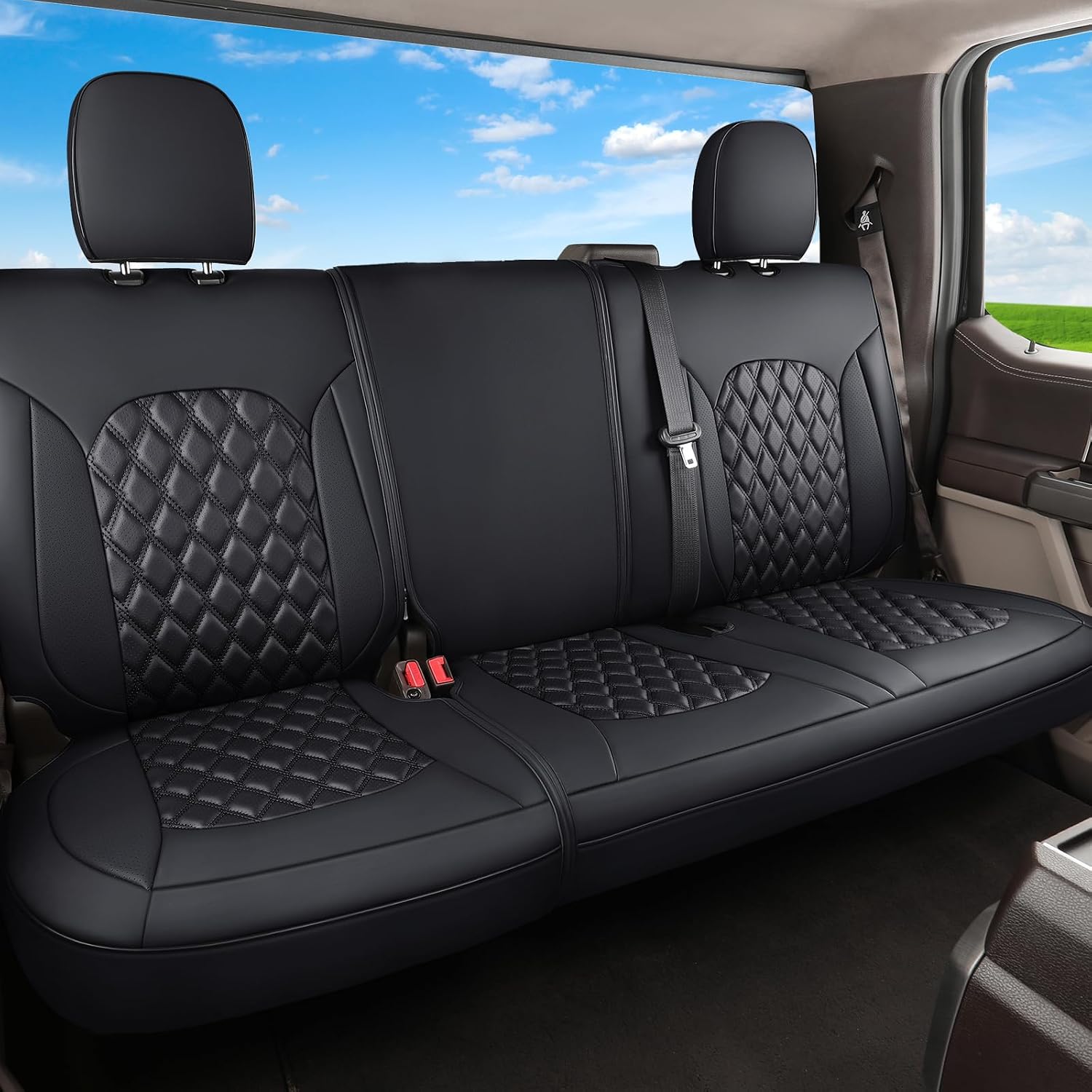  F150 F250 F350 Rear Car Seat Covers, Leather Back Row Seat Cushion Cover Fit for 2015-2026 Ford F150 SuperCrew&2017-2026 F250 F350 F450 Super Duty Crew Cab XL XLT Lariat(Back Row/Black)