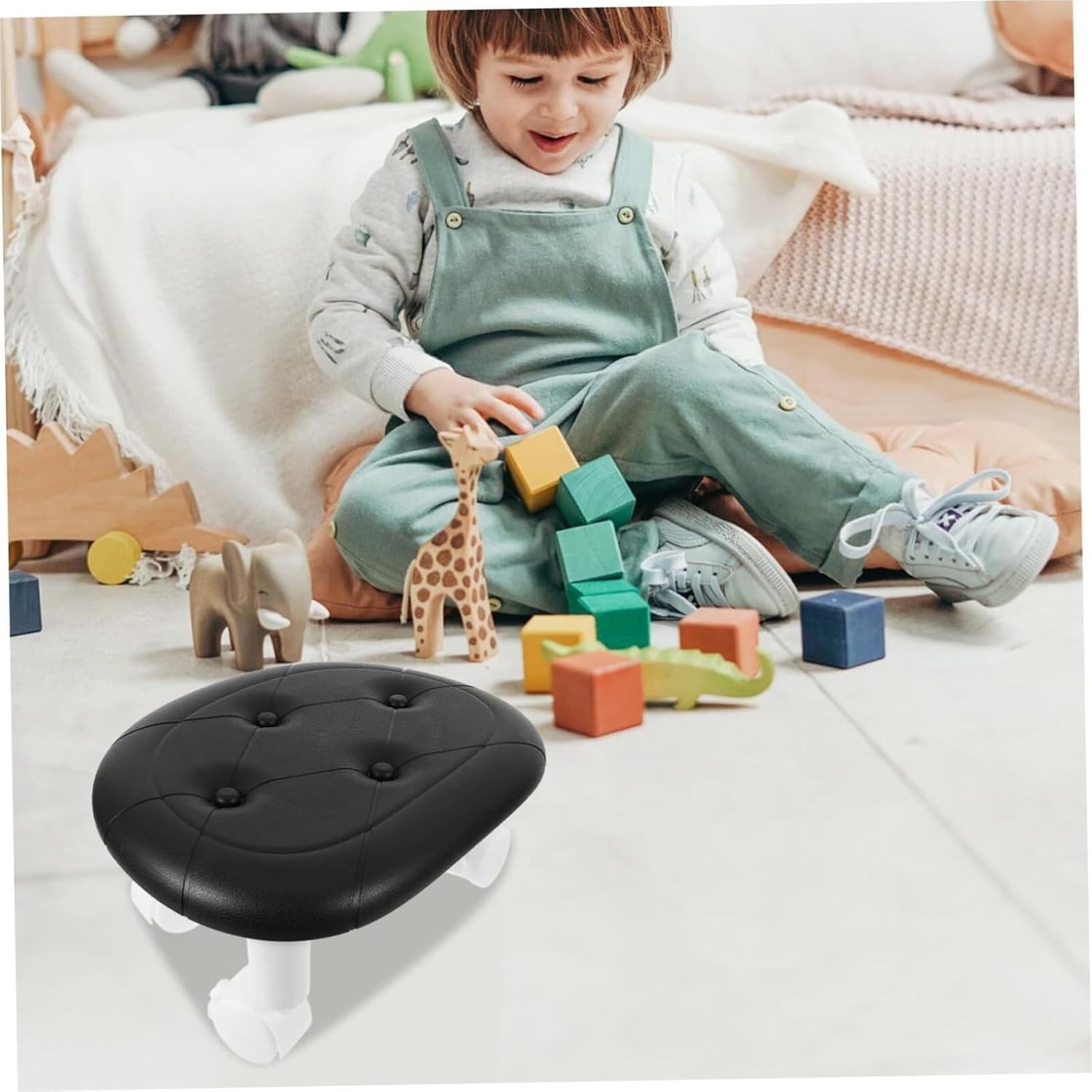 Step Ladder Low Small Stool with Wheels Lightweight Rolling Imitation Leather Chair Swivel Sliding Footrest for Living Room Bedthroom stepstool(Blu)