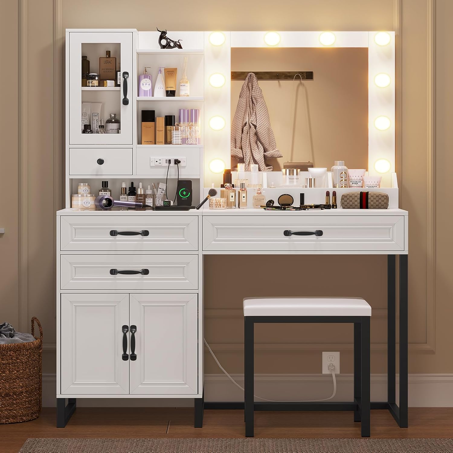Makeup Vanity with Mirror and Lights & Stool, Glass Top Vanity Desk with Charging Station, 4 Stoarge Drawers & Double-Door Cabinet, for Girls Bedroom, Modern White & Black