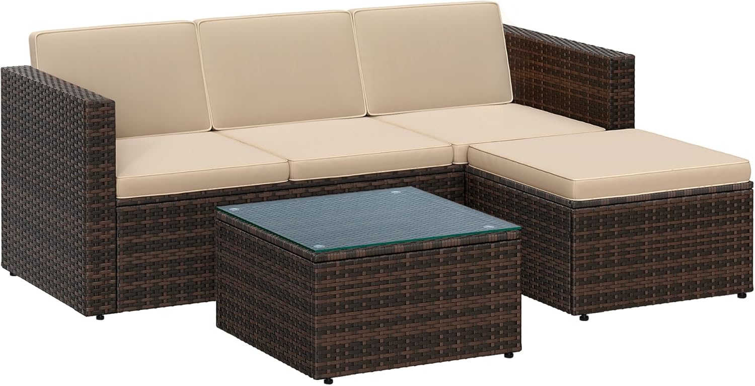 SONGMICS Garden Furniture Set, PE Outdoor Corner Sofa Couch, Handwoven Rattan Patio Conversation Set, with Cushions and Glass Table, Brown and Taupe GGF005K05