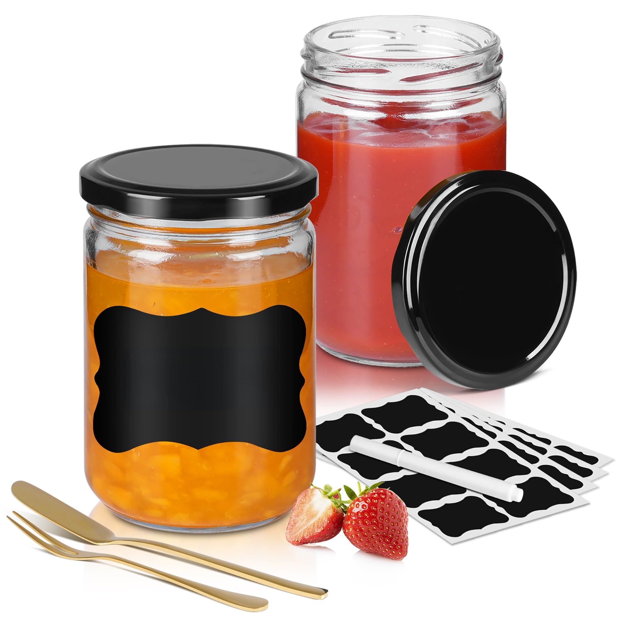 YRHome 350 ML con coperchio, barattoli per marmellata, 24 pezzi, con etichette, penna, spatola, per conservare alimenti, fai da te, regali, decorazioni nere