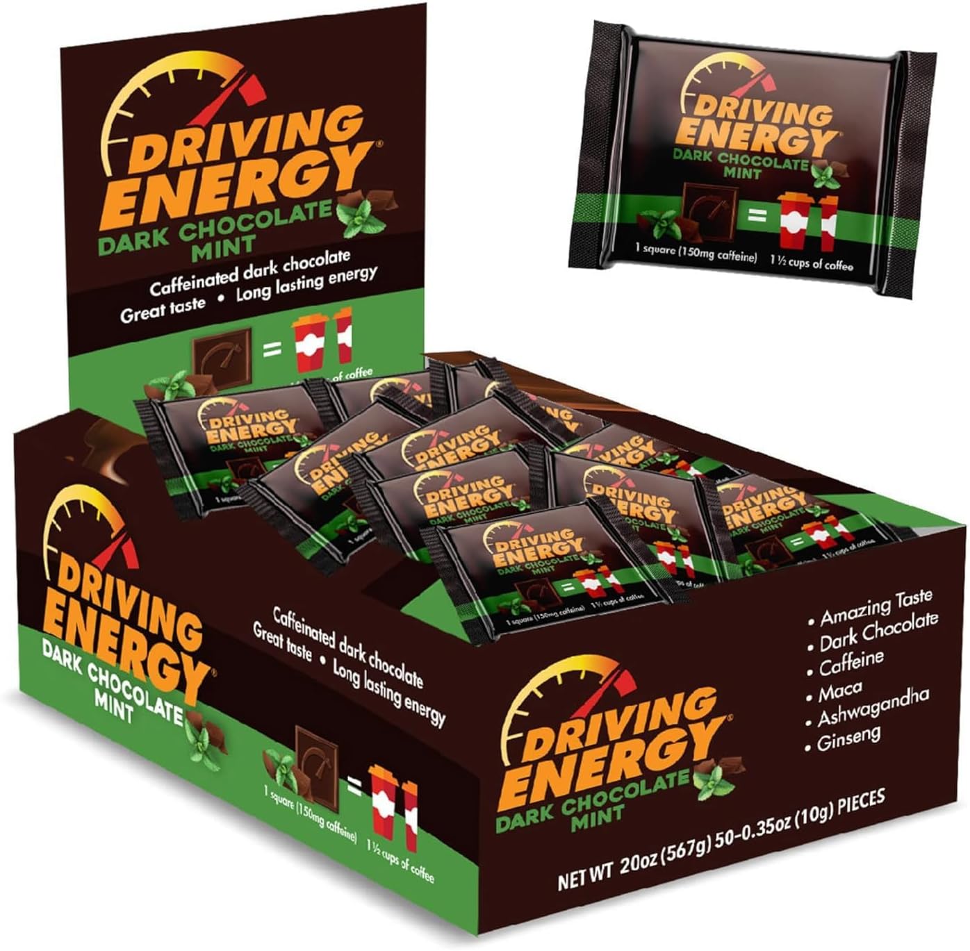 Driving Energy - Caffeinated Energy Bite Size - Dark Chocolate Mint Energy Fuel with 150mg Caffeine - Long-Lasting Energy for Gym, Workout, Adults - Great Taste - Low Carb - Healthy Snack - 50 Count