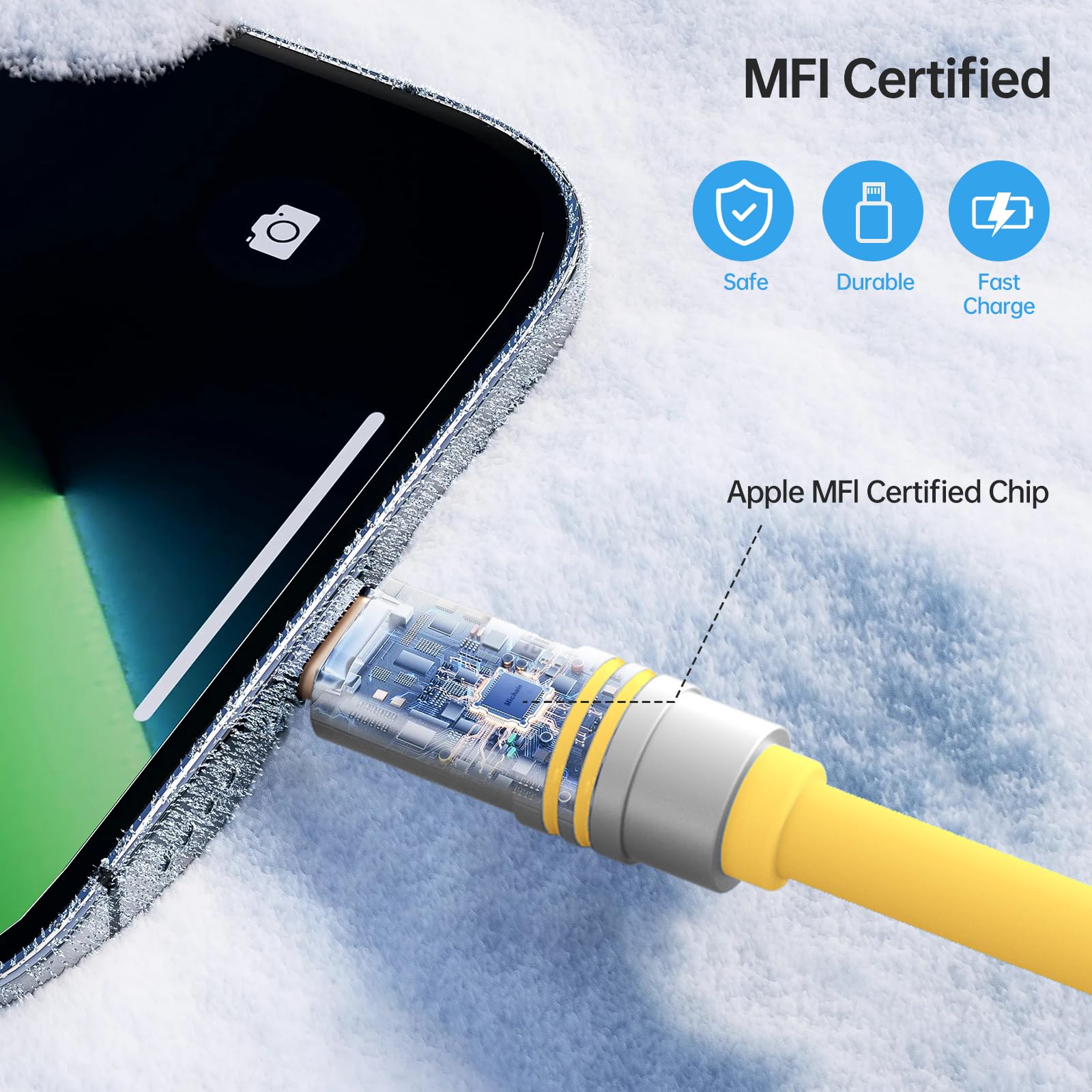Hichain Cavo USB C a Lightning in silicone, confezione da 2 pezzi, 1,2 m, giallo, USB C 27 W, cavo di ricarica veloce tipo C, cavo Lightning per iPhone 14, 13, 12, 11, certificato MFi
