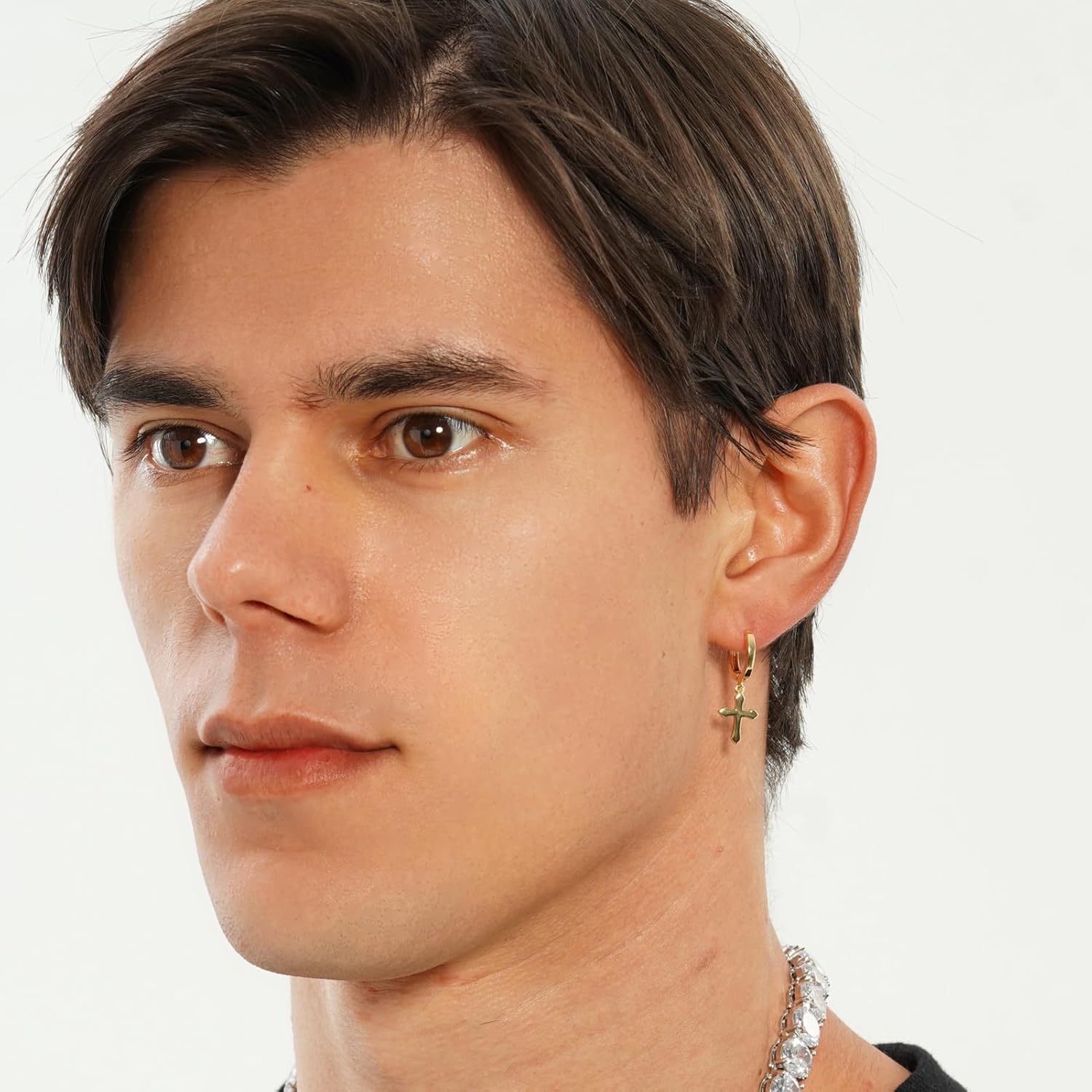 JINAO Cross Hoop Dangle Earrings 14K Gold Plated 5A+ Cubic Zirconia Cartilage Hypoallergenic Sterling Silver Cross Dangle Drop Earrings For Men Women - Image 3