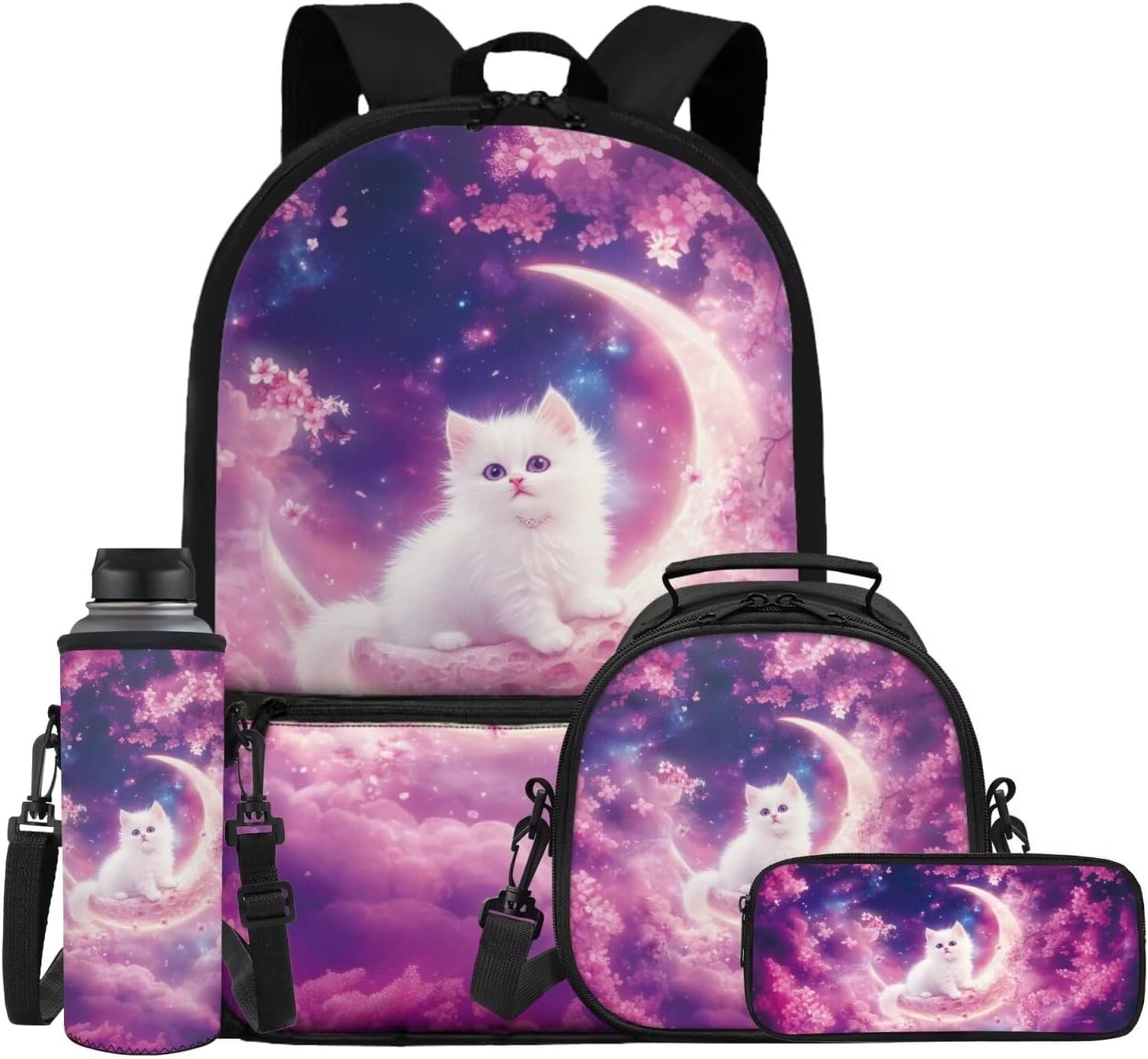 Showudesigns Cute Cat School Backpack for Girls 6-8 8-10 Elementary School Bag and Lunch Bag Pink Flower Bookbag with Lunch Box Pencil Case Water Bottle Holder 4Pcs/Set Kids Schoolbags