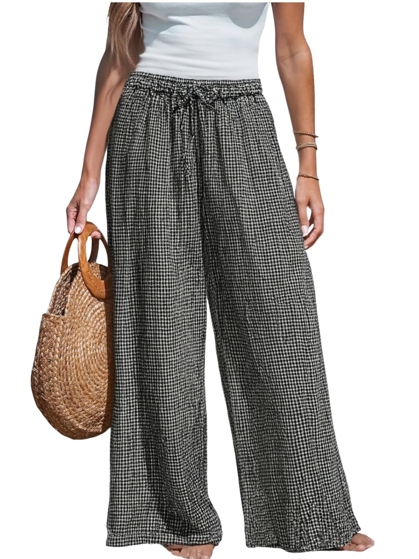 GORGLITTER Womens Plaid Gingham Wide Leg Pants Checkered Drawstring Elastic Waist Pajama Lounge Trousers