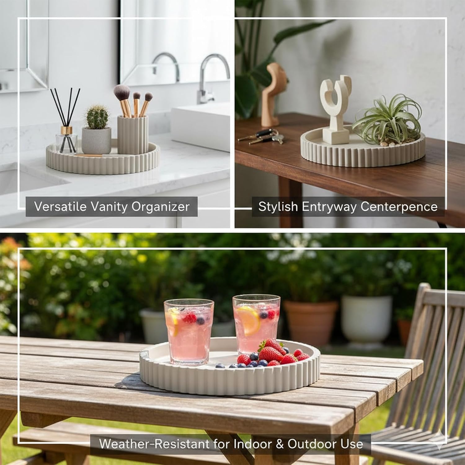 13" Round Solid Concrete Decorative Tray - Heavy Duty Fluted Centerpiece for Coffee Table, Serving, Patio, Home Office & Entryway - Modern Home Decor Trays(Gray) - Image 2