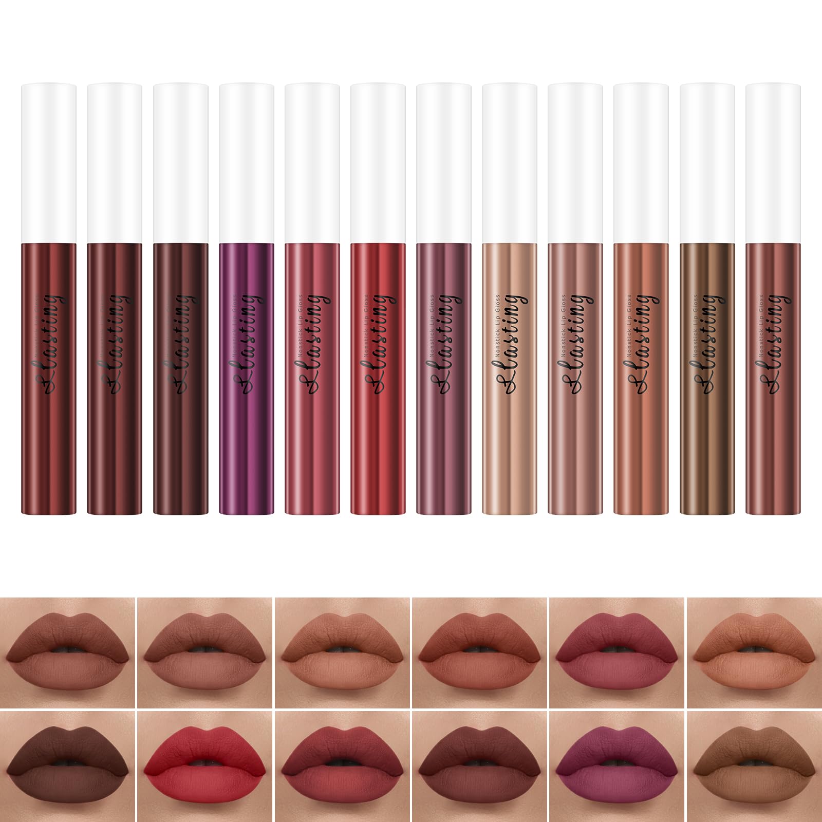 Zestaw trwałych pomadek, 12 x 2,5 g długotrwała matowa szminka, płynna szminka, szminka, wodoodporna szminka, Lip Glaze do makijażu ust dla kobiet walentynki urodziny