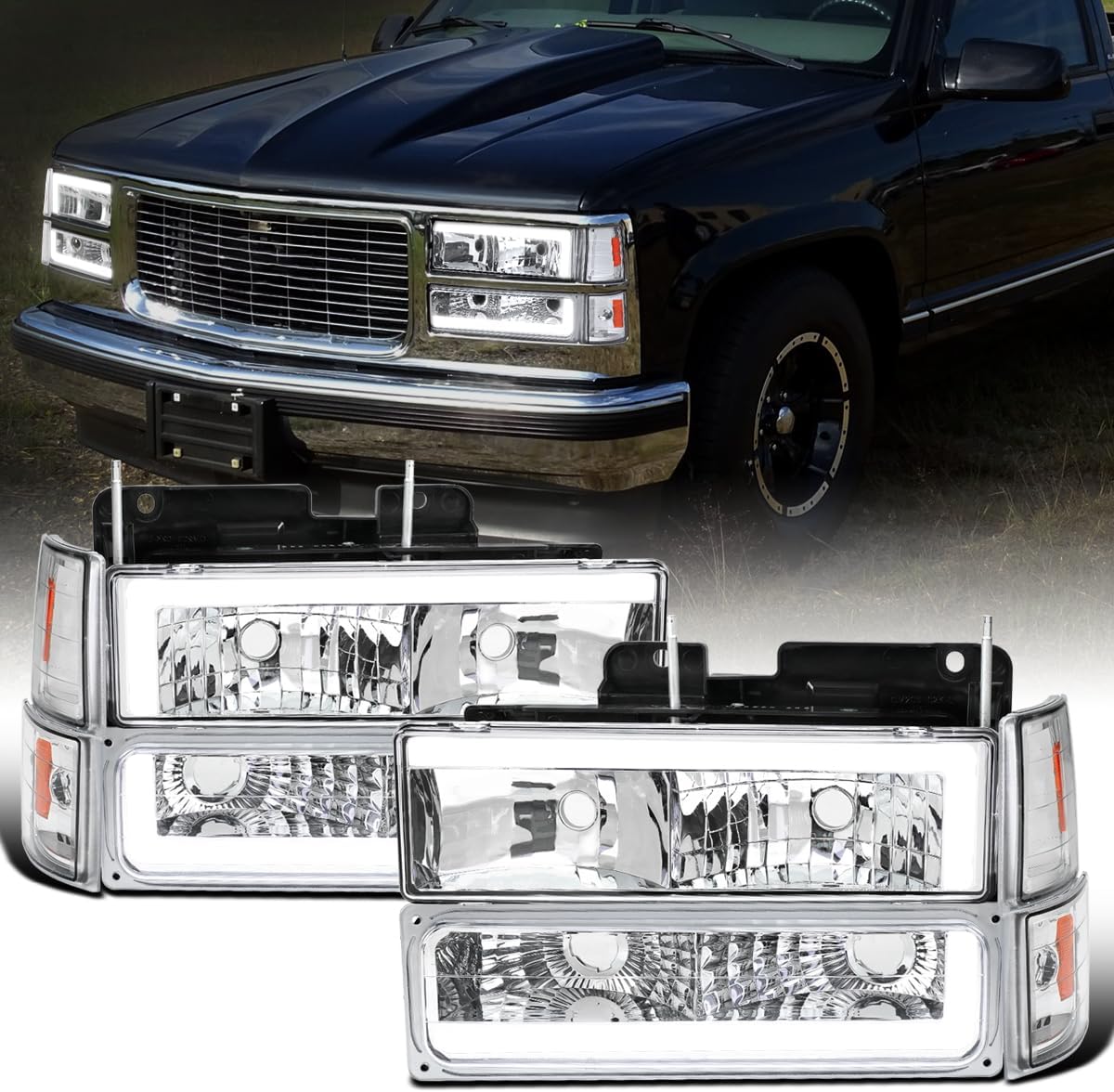 Ronnin - Fits 1994-1999 GMC C10 C/K Suburban Sierra Yukon LED Tube Headlights + Corner Bumper Parking Lights Assembly Pair | Chrome