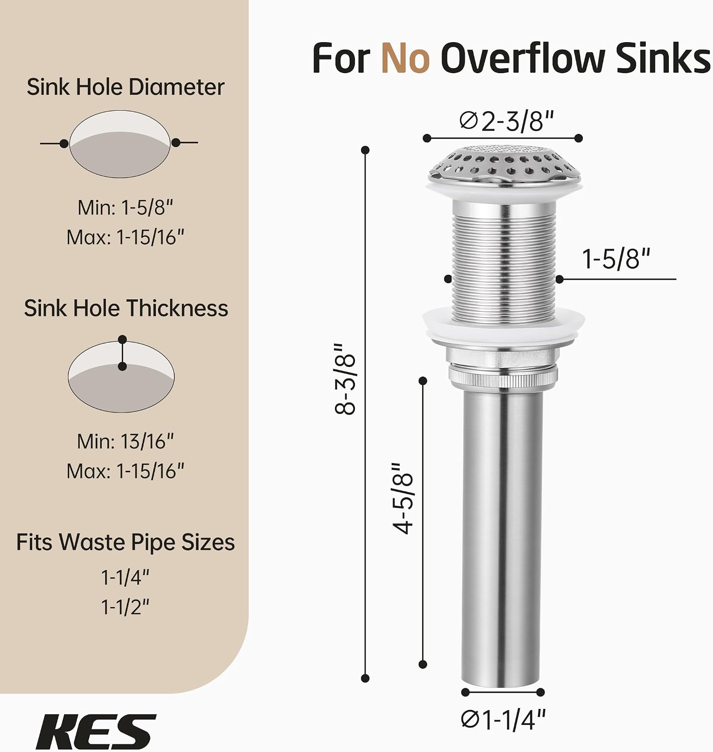 KES Faster Drainage Bathroom Sink Drain Without Overflow, Anti-Clog Open Grid Design, Detachable Strainer, Brushed Nickel Vessel & Vanity Drain, Stainless Steel & Brass, S2020D-BN