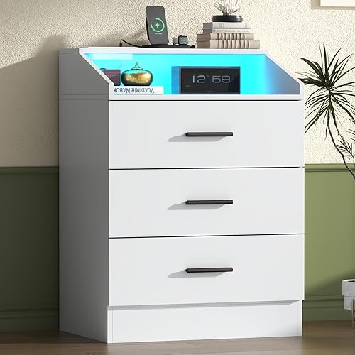 Cómoda de 3 cajones para dormitorio con toma de corriente, cómoda blanca con luz LED, cómodas modernas con cubículo de almacenamiento abierto,
