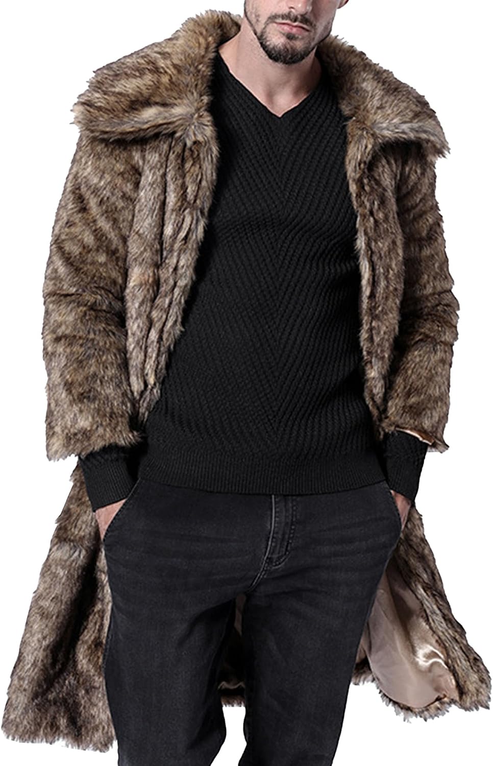 Maiyifu-GJ Men's Winter Faux Fur Coats Winter Warm Open Front Overcoat Mid-Length Thicken Soft Parka Outerwear