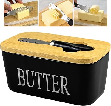 Ceramic Butter Dish with Lid, 700ml, Stainless Steel Butter Knife | Stainless Steel Multipurpose Butter Knife, Large Cheese Container, Butter Keeper, Double High-Quality Silicone