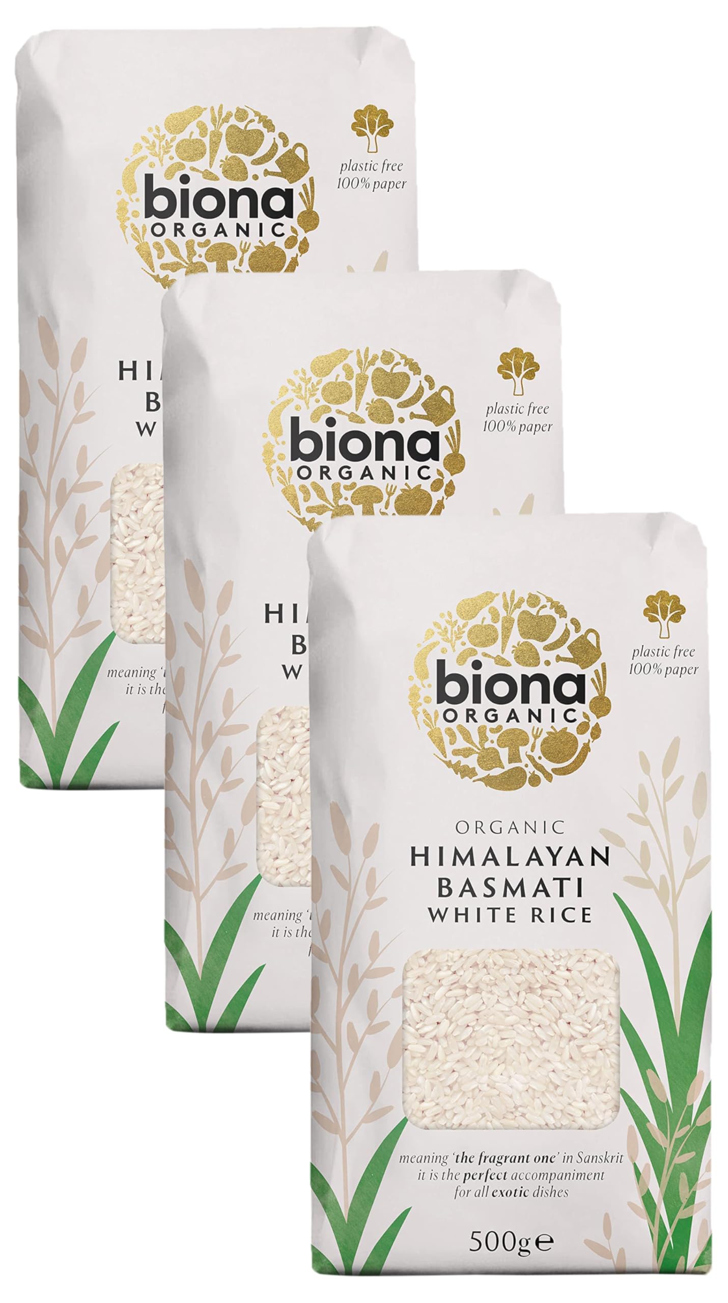 BionaOrganic Himalayan Basmati Rice 500g - Long Grain White Rice - Ideal for Stir Frys, Salads & Currys - Non GMO, Vegan - Plastic Free, Recyclable Packaging (Pack of 3)EU Organic