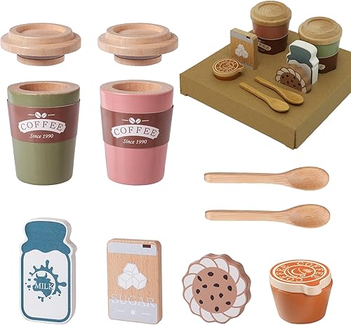Miniatura 2 de Juego de café para niños, juguete Montessori de madera, accesorios de cocina con tazas de café, espresso y leche, juego de café para niños y niñas,