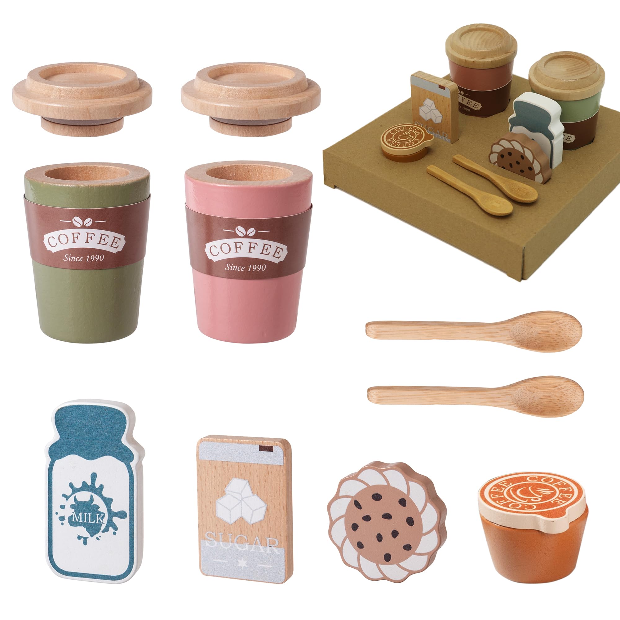 Juego de café para niños, juguete Montessori de madera, accesorios de cocina con tazas de café, espresso y leche, juego de café para niños y niñas, regalo de cumpleaños para niños y 2