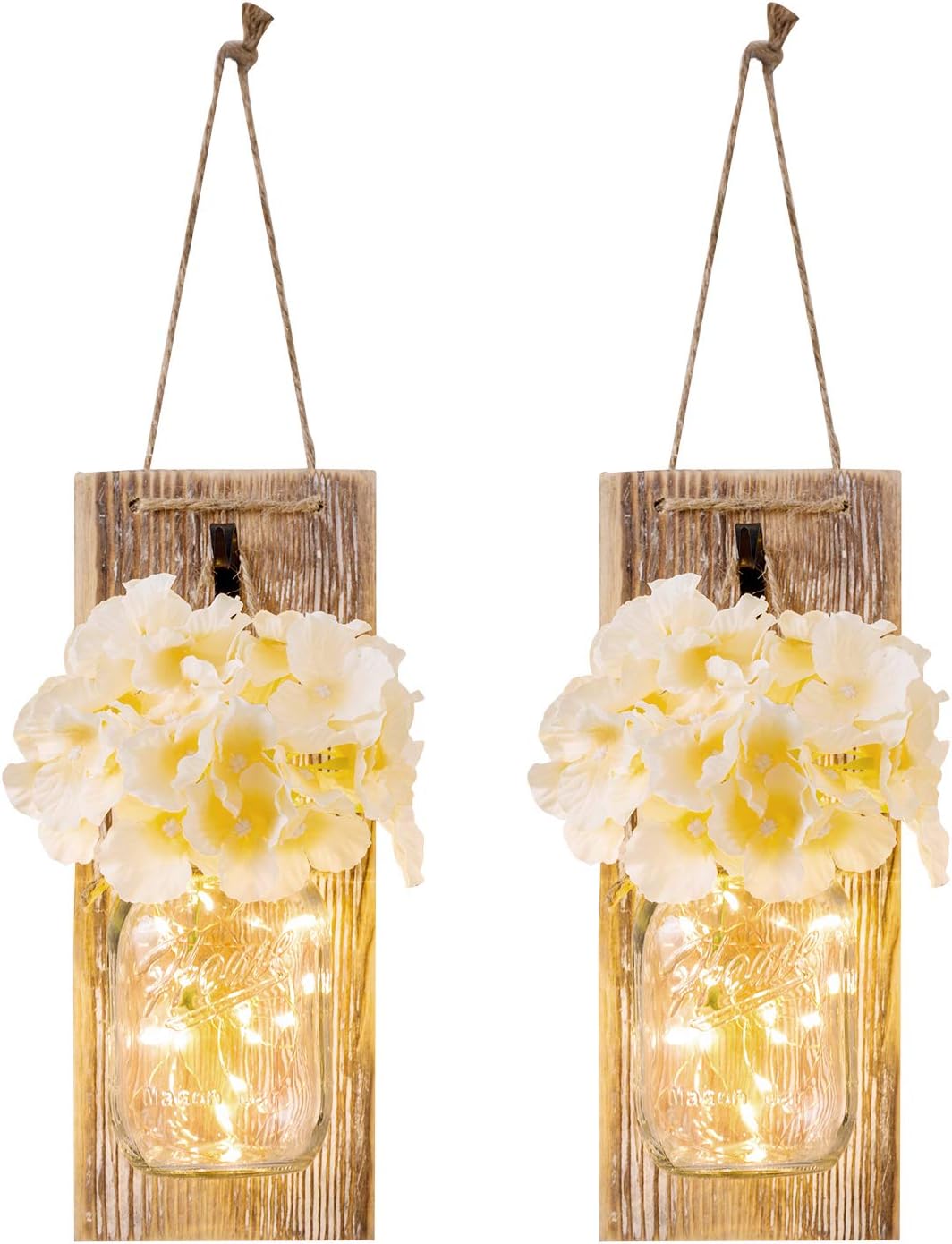 HAchoo Rustic Mason Jar Candle Decorative Home Wall Decor - Living Decoration,Vintage Wrought Iron Hooks, Silk Hydrangea Flower Farmhouse Decor for Home Kitchen Decoration with 6 Hours Timer