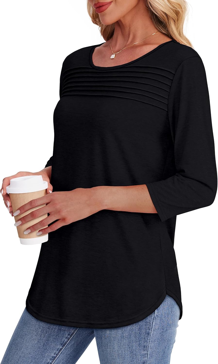 OFEEFAN Womens Tops 3/4 Length Sleeve Blouses Dressy Casual Spring Summer Fall Outfits Pleated Front T Shirts Curved Hem - Image 4
