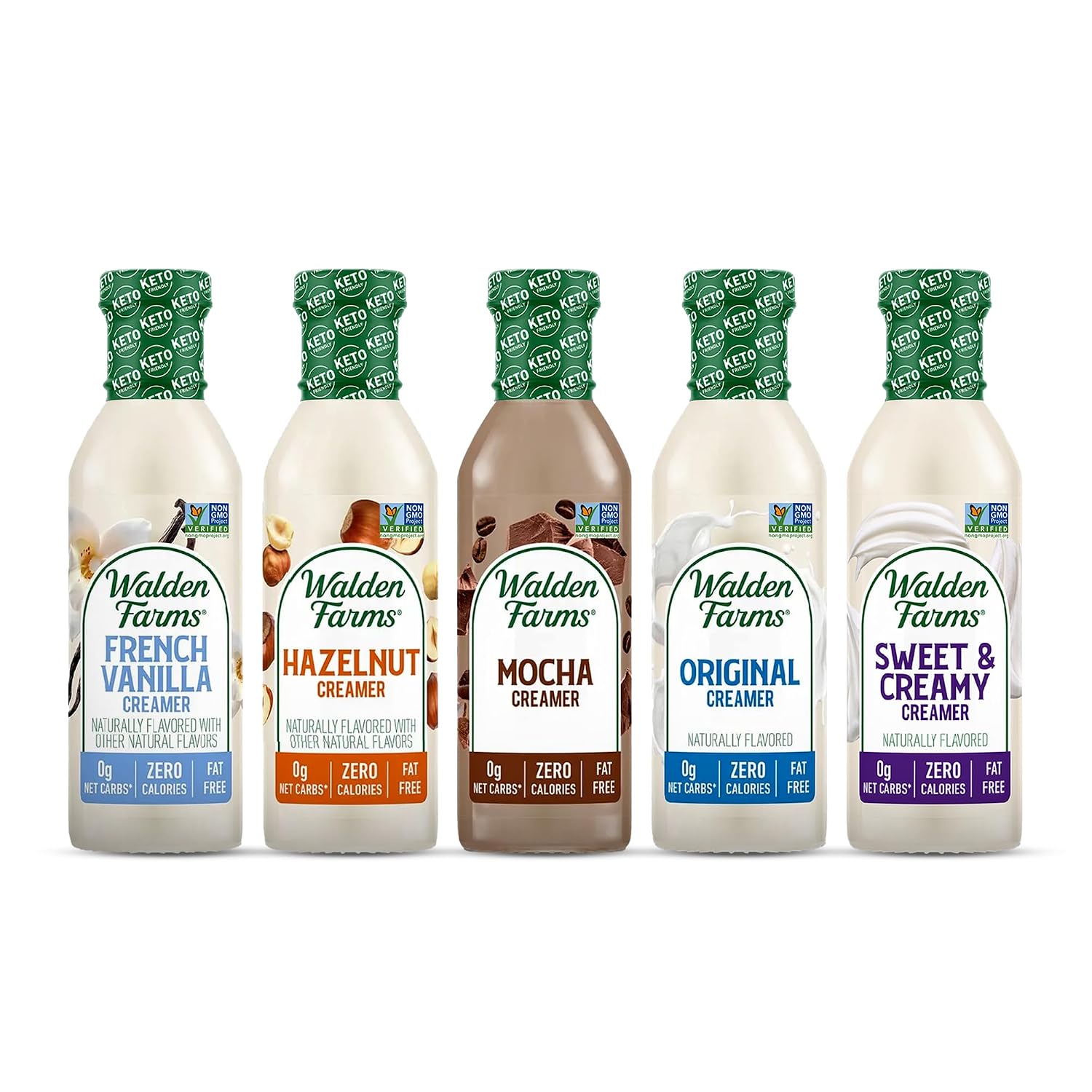 Walden Farms 5 Variety Coffee Creamer 12 oz Bottles - French Vanilla, Original Creamer, Hazelnut and Mocha - Fresh and Flavorful, Vegan, Paleo and Keto Friendly, Non-Dairy Milk Substitute - For Coffee, Tea, Smoothies, Shakes and More