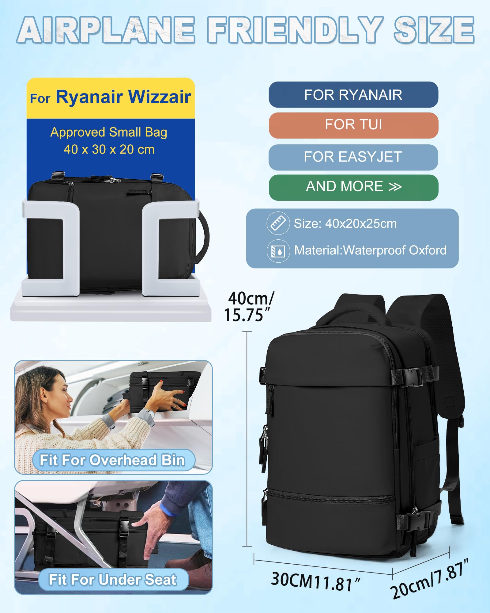 SZLX Zaino Ryanair 40x30x20 Sottovuoto con Pompa Bagaglio a Mano con porta scarpe Wizzair Zaino da Viaggio 40x20x25 Borse da Cabina per Easyjet 45x36x20 Borsa da Viaggio Porta PC 14 Pollici Donna Uomo