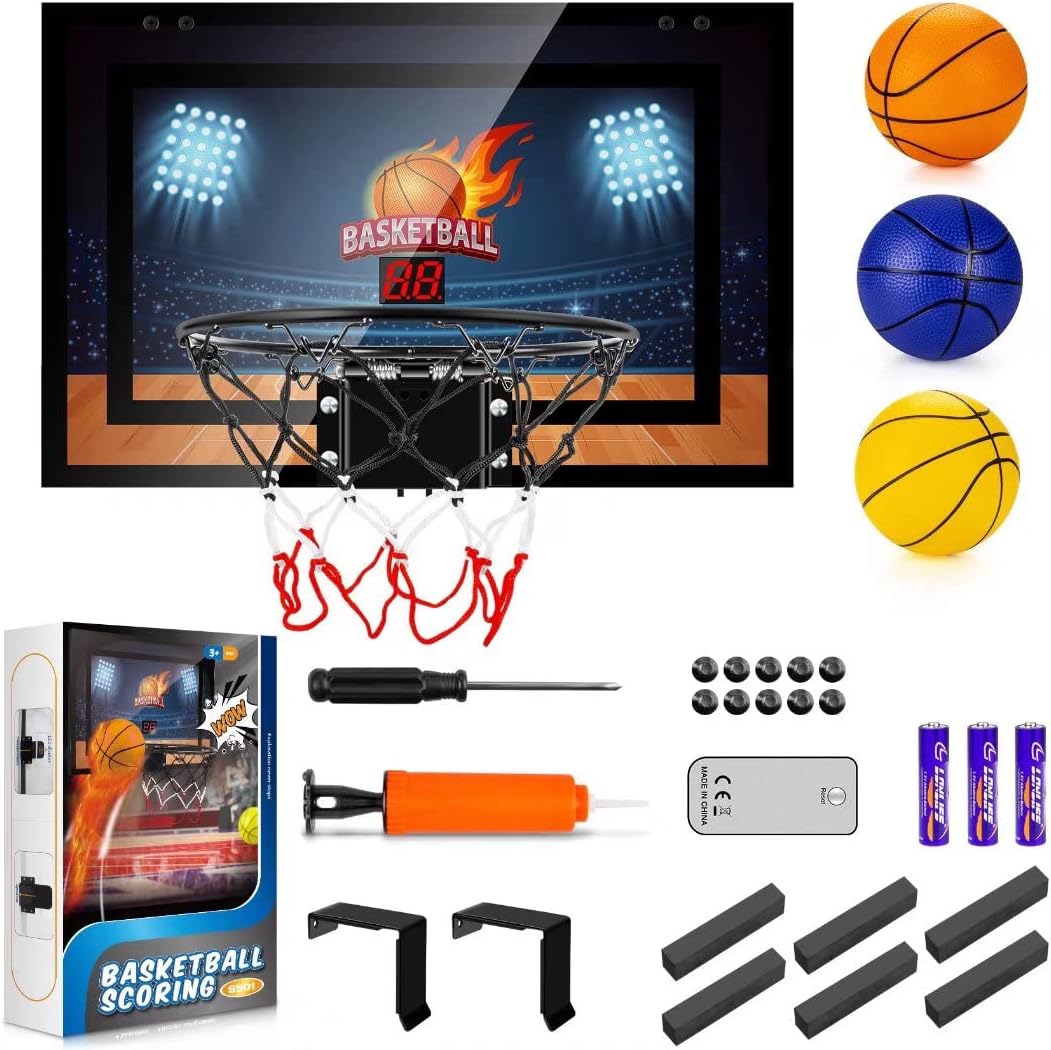 Indoor Basketball Hoop Boys Gifts for Teens Door Room Basketball Hoop Mini Hoop with Scoreboard, 3 Balls and Batteries Basketball Toys for 8 9 10 11 12