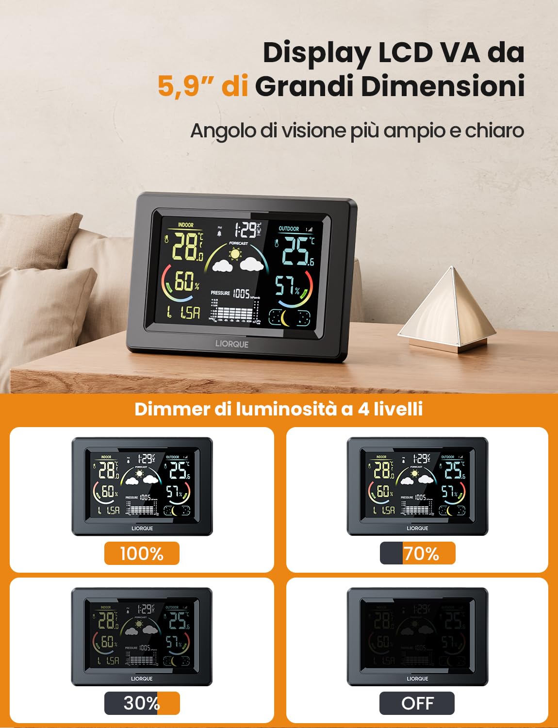 LIORQUE Stazione Meteo con Sensore Esterno, Display a colori LCD VA, Stazione Meteo con Sveglia, Fase Lunare, Previsioni Meteo, Data,Retroilluminazione Regolabile, Igrometro