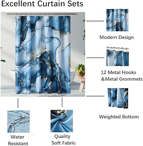 Miniatura 3 de YOSTEV Juego de cortinas de ducha de mármol azul dorado, cortinas de ducha abstractas de mármol para decoración de baño con 12 ganchos de metal,