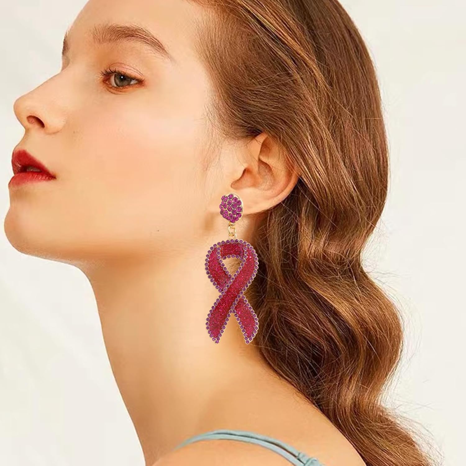 Breast Cancer Awareness Earrings For Women Pink Rhinestone Ribbon Drop Earrings Breast Cancer Earrings Gift - Image 3