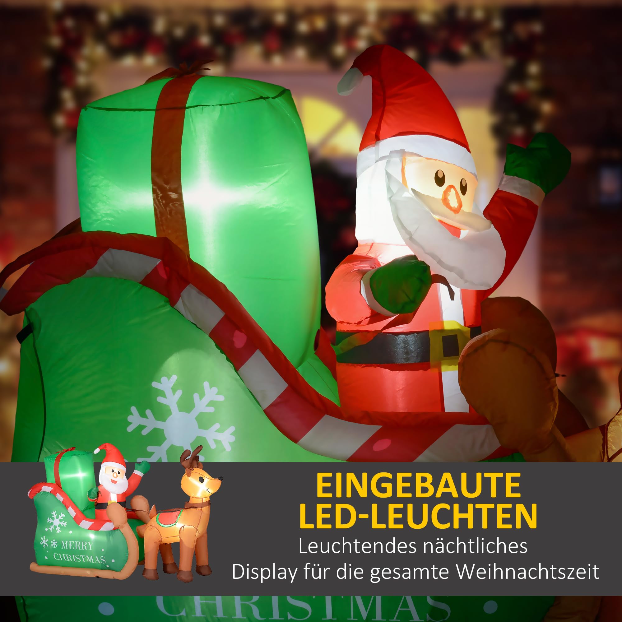 Outsunny Aufblasbar Weihnachtsdeko 2,1 m Weihnachtsmann mit Schlitten | Rentier, LED-Beleuchtung, Selbstaufblasende Weihnachtsbeleuchtung, für Innen- und Außenbereich