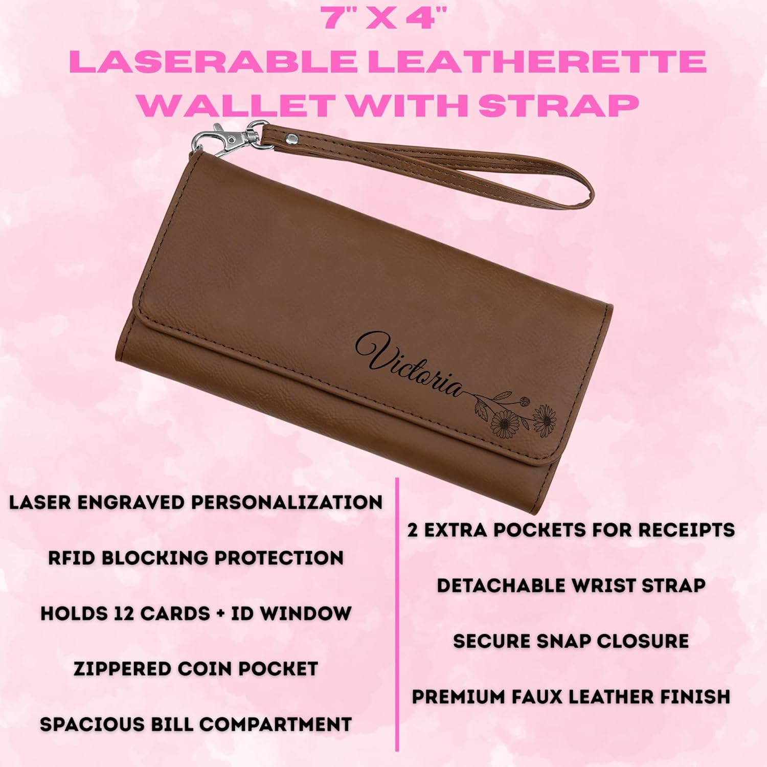 Custom Laser Engraved Women's Leatherette Wallet with Strap Name & Birth Flower, Personalized Birthday Gift Engraved Bifold Wristlet - Image 6