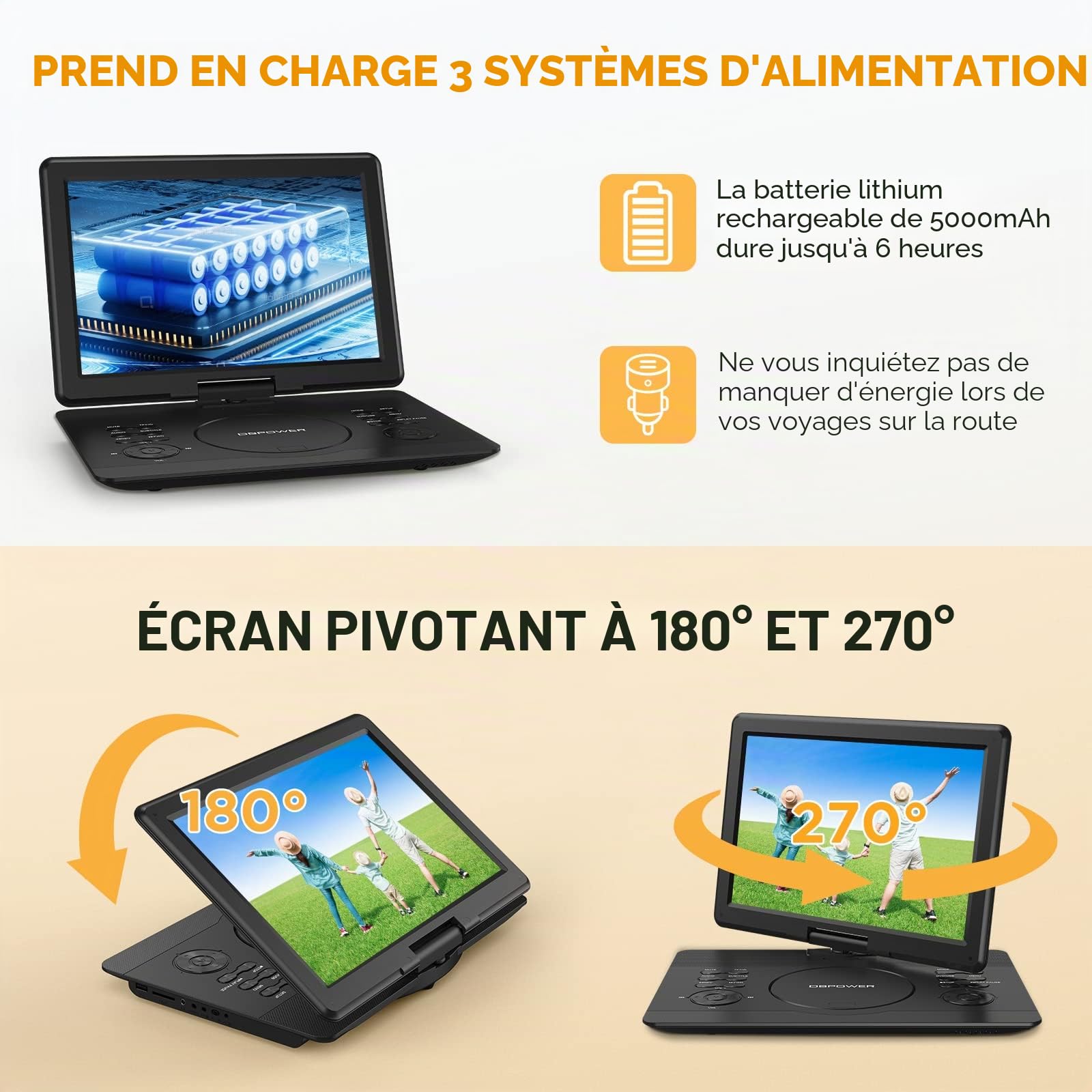 DBPOWER Lecteur DVD portable 16,9'' écran HD pivotant 14,1'' batterie rechargeable 6h 5000 mAh haut-parleur haut volume