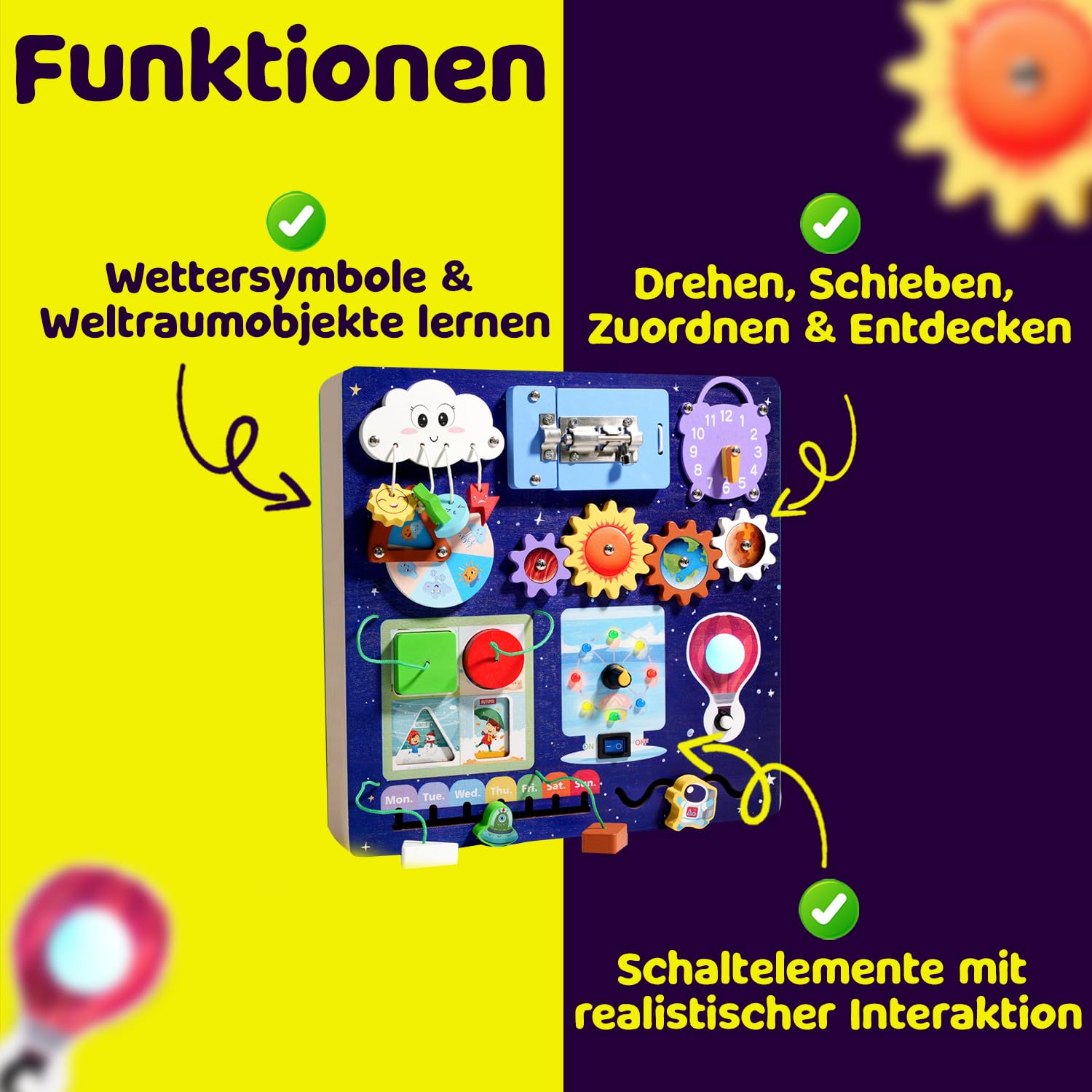 Busy Board für Kleinkinder | Montessori Spielzeug Weltraum Holz | Sensorik Motorikbrett mit LED Licht & Schaltern | Lernspielzeug zur Förderung der Feinmotorik | Jungen & Mädchen Geschenk, Blau