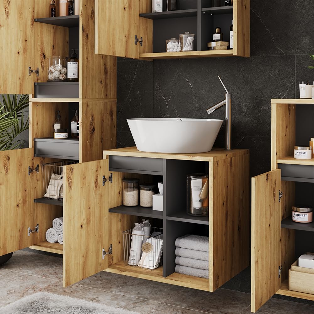 Vicco Mobiletto per lavabo Viola, Artigiano/grigio, 60 x 60 cm | con ripiani aperti, adatto per il montaggio sotto lavabi standard