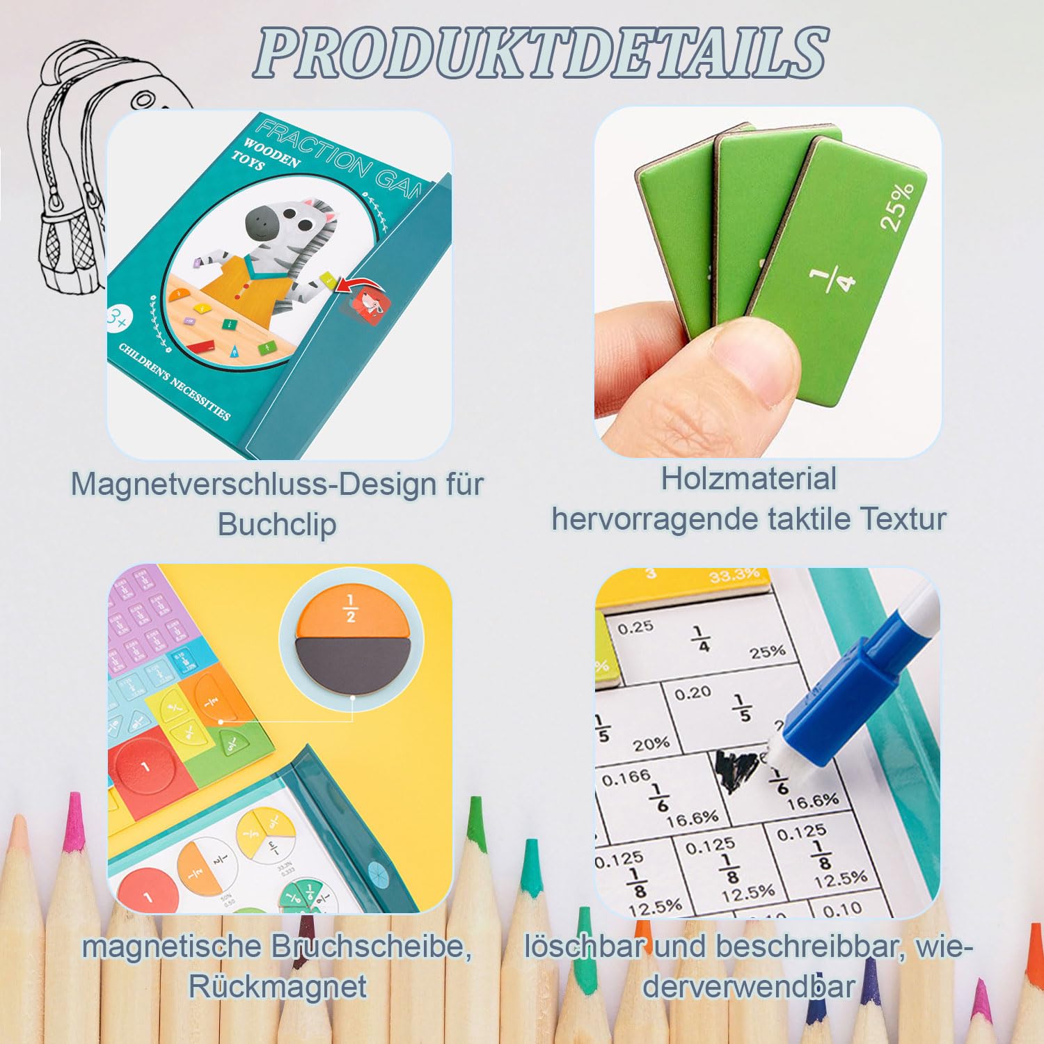 Matematyka Montessori Podstawowa, Magnetyczne Frakcje, Puzzle Edukacyjne na frakcji magnetycznej, zabawki edukacyjne frakcje, ułamkowe obliczanie drewna Materiał Montessori