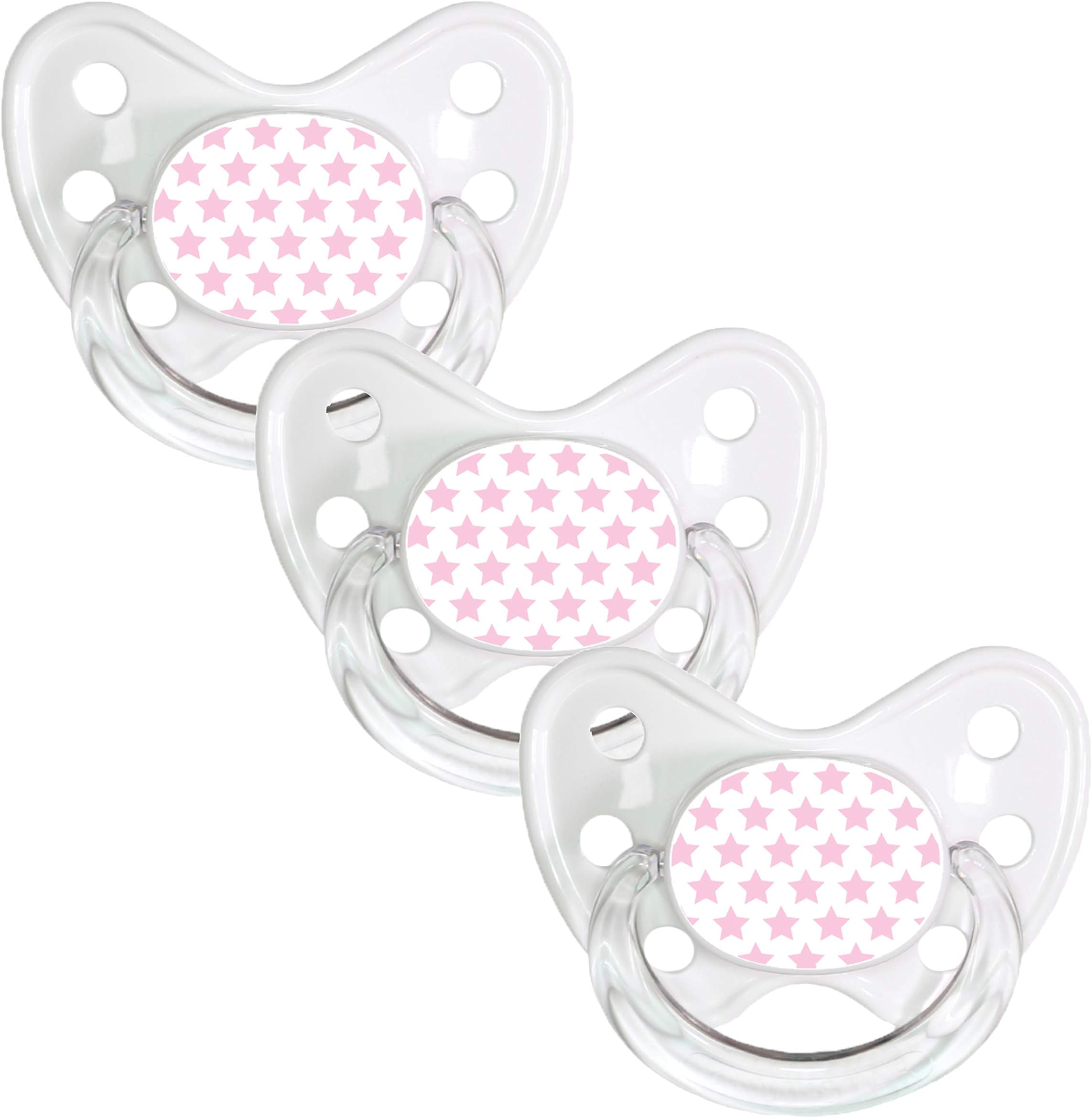 Dentistar® Silicone Soother Set of 3 - Size 2 for 6-14 Months - Tooth and Jaw Friendly Silicone Soother with Dental Step - White with Pink Star Motif - BPA Free Baby Accessories - Made in Germany