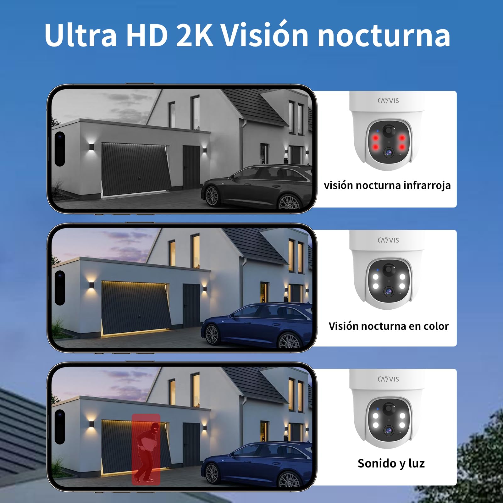 2K 3MP Camara Vigilancia WiFi Exterior Solar con Batería, 360° 2,4GHz PTZ Camaras de Vigilancia sin Cables, Visión Nocturna en Color, Detección Humana PIR/AI, Alexa