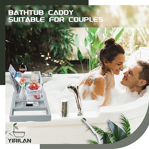 Miniatura 5 de Yirilan Bandeja de baño, organizador plegable para bañera, bandeja de baño de bambú ajustable de alta calidad para bañera, para spa en casa, idea de
