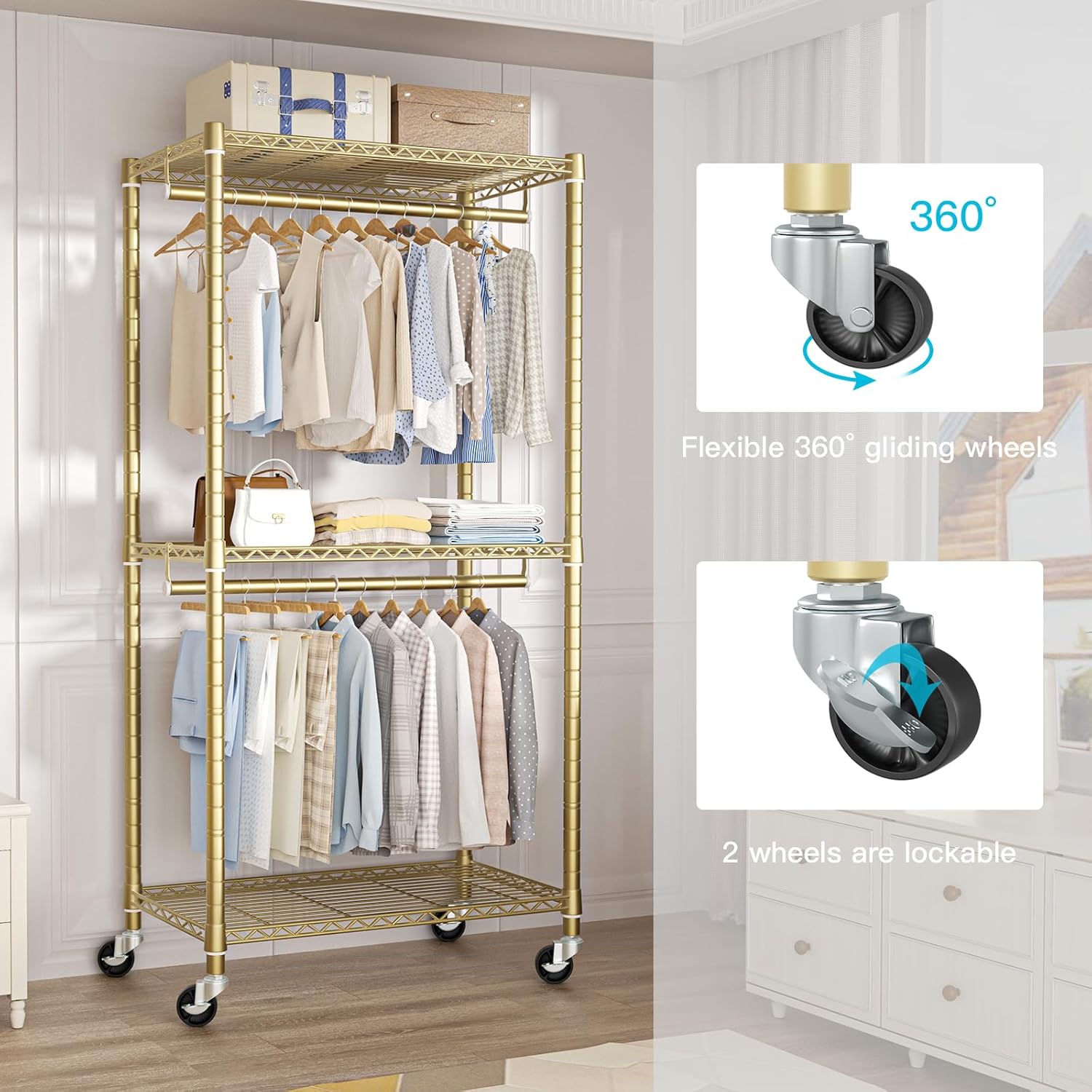 FUTASSI P1 Medium Heavy-Duty Portable Closet, 30" W x 14" D x 76" H, Metal Rolling Clothing Rack, Gold